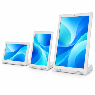White desktop digital menuboard displays on a white background
