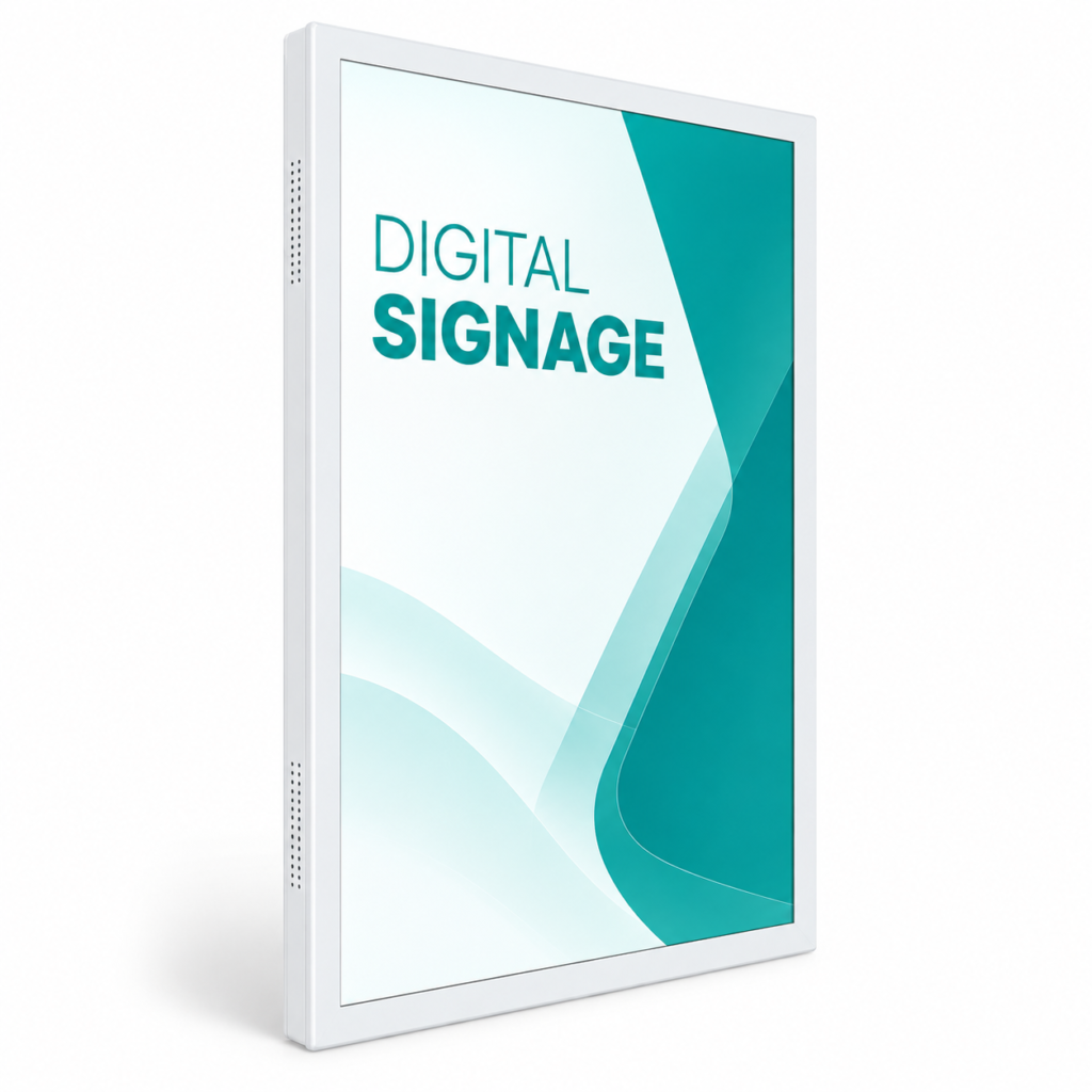 White wall-mounted flat-screen digital signage display