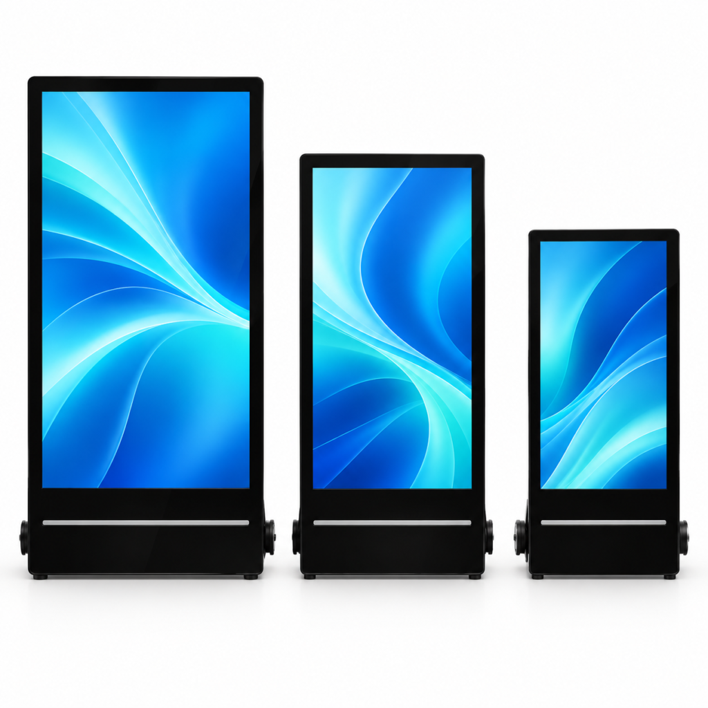 Outdoor battery-powered digital poster displays on a white background