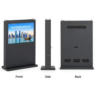 Outdoor floor-standing LCD kiosk design 2 shown from the front, side and back