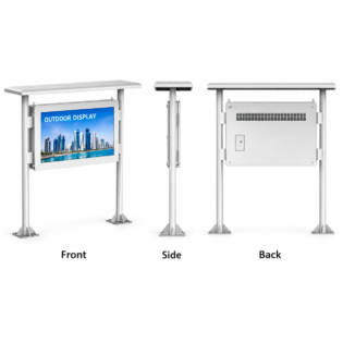 Canopy-style outdoor floor-standing LCD display shown from the front, side and back