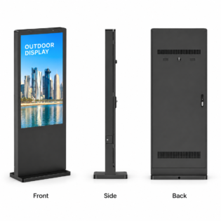 IP65 outdoor floor-standing LCD kiosk shown from the front, side and back