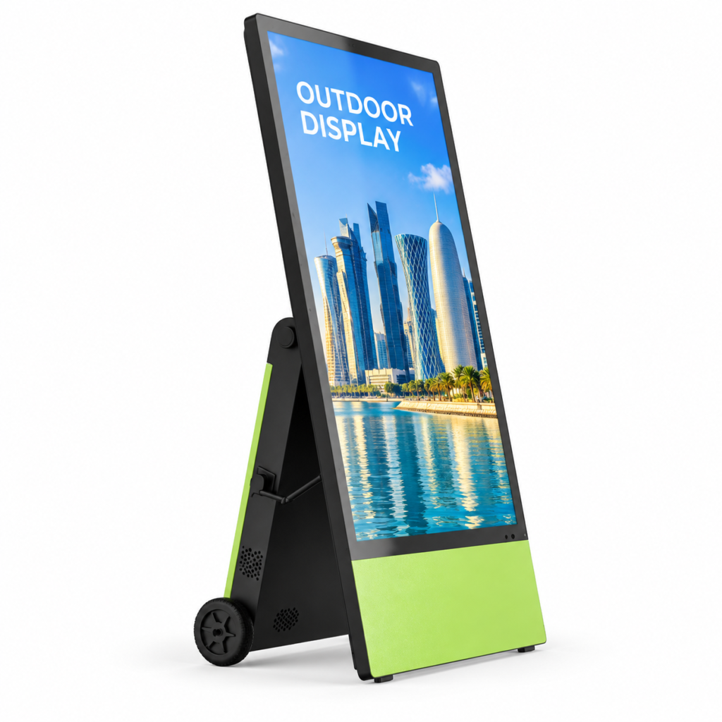 Outdoor mobile digital poster with wheels and green lower panel