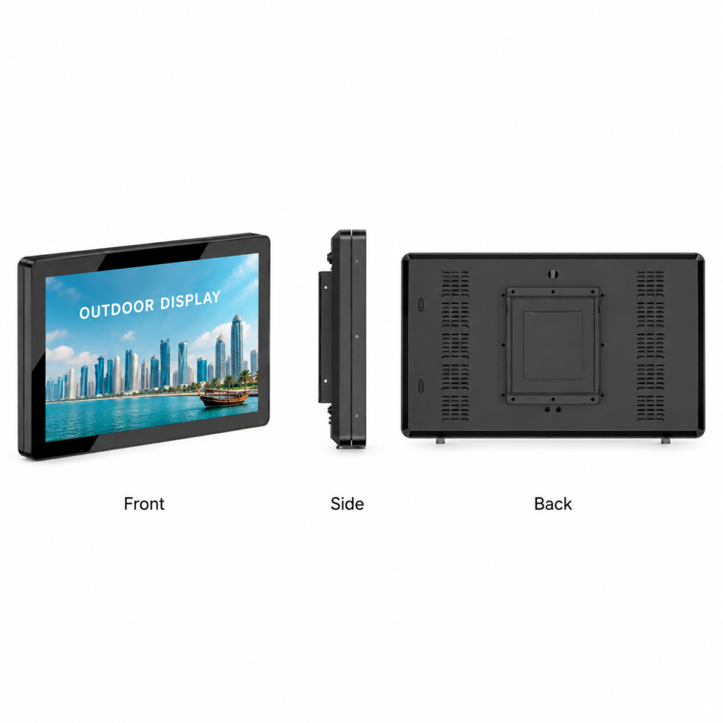 Outdoor wall-mounted LCD display shown from the front, side and back