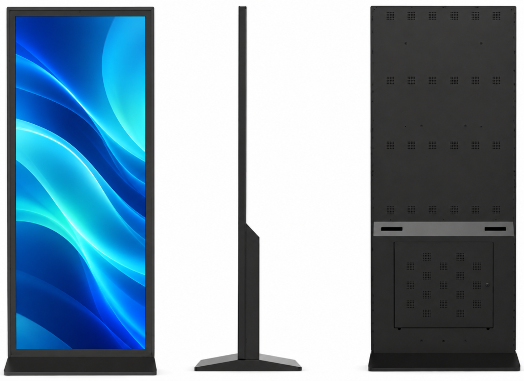 70-inch full-screen floor-standing digital signage shown from the front, side and back
